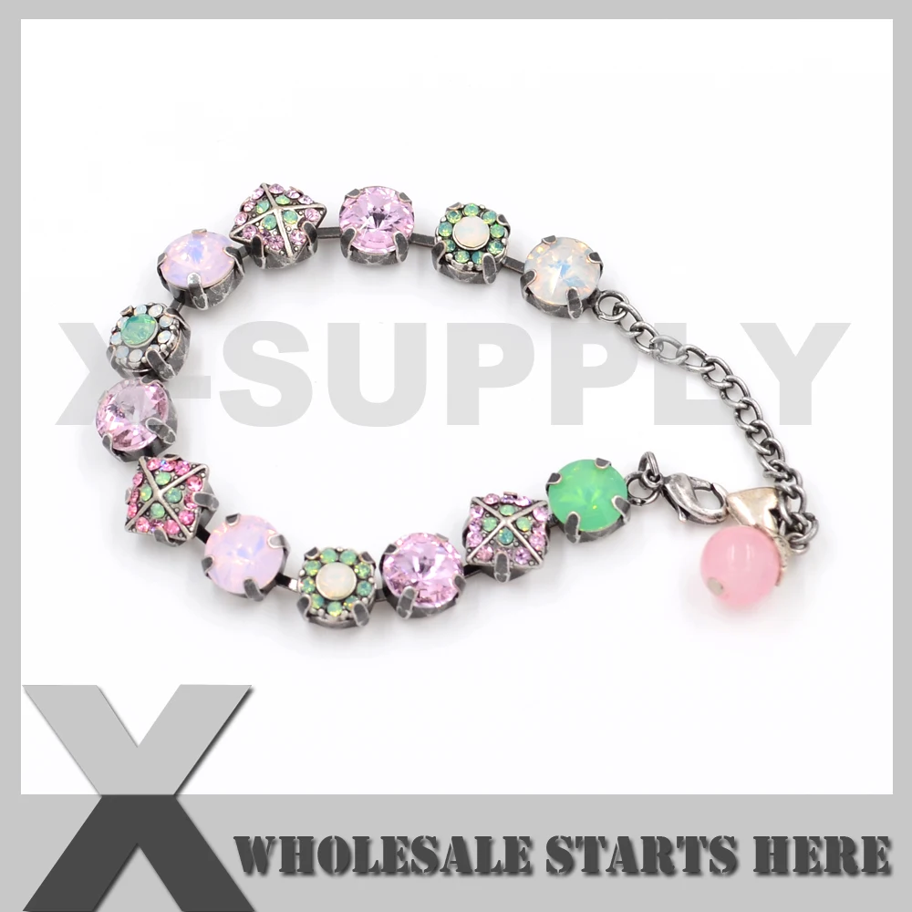 

10mm Chaton Crystal Flower Embellishment Tennis Bracelets,Cup Chain Bracelets in Aged Silver Color of Metal Chains
