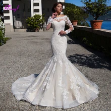 Великолепные Длинные рукав с накладной аппликацией Кружева Русалка Свадебные платья Мода Совок Шеи Кнопка с раструбом, свадебное платье Vestido de Noiva