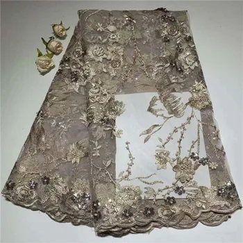 

Excellent 3D appliques tulle material French net lace fabric with beads for evening dress ZQN176(5yards/lot)