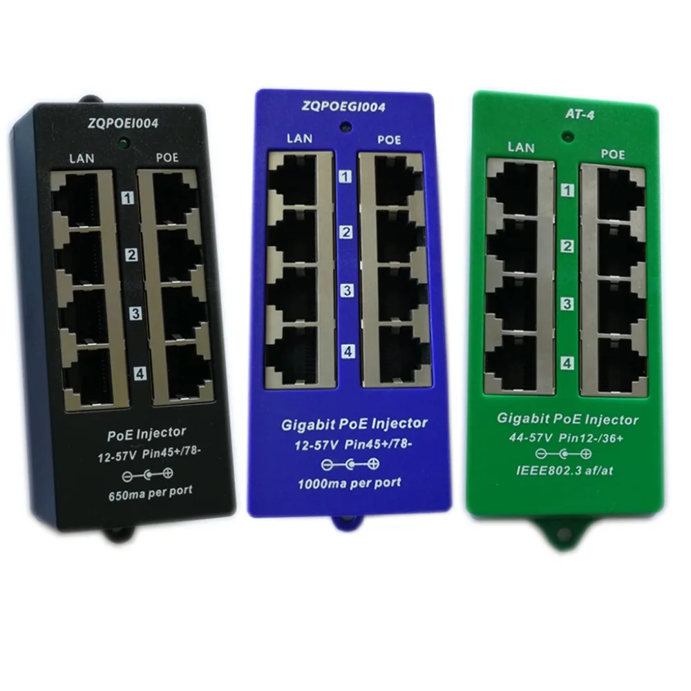 

passive and active 4 port PoE injector100/1000 Ethernet speed Power over Ethernet Injector for Hikvision/MikroTik PoE Cameras