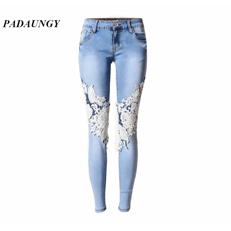 PADAUNGY Lace Jeans Women Hollow Out Denim Pencil Pants Slim High Waist Jeggings Skinny Vaqueros Mujer Pantalon Jean Femme |