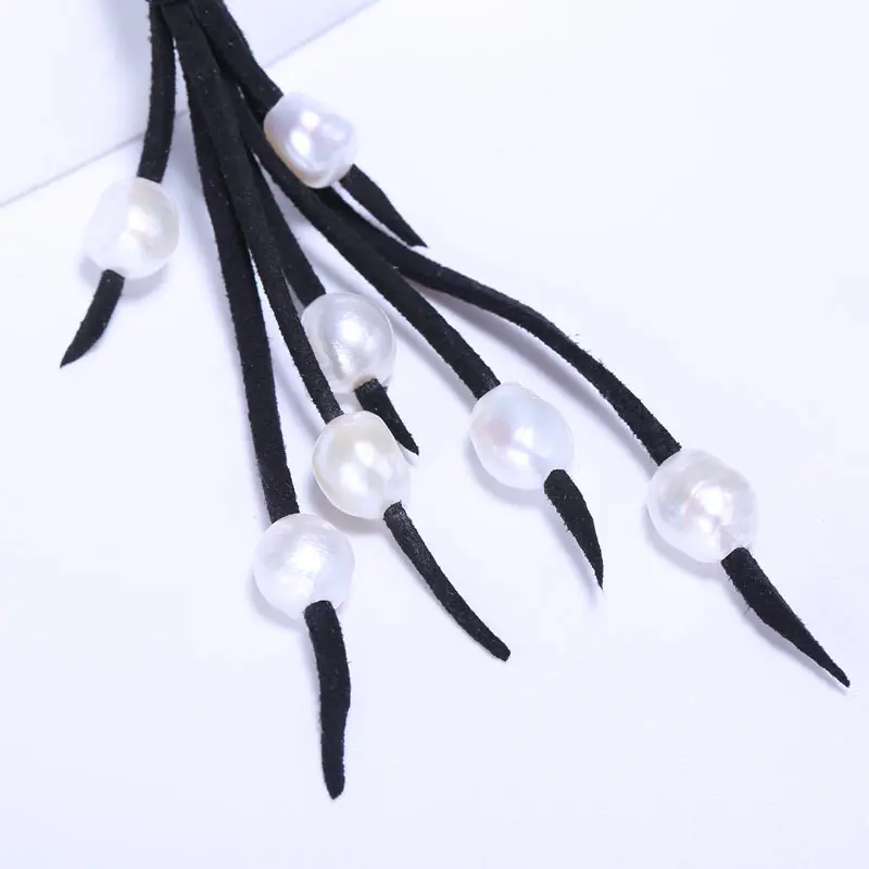 South Korea Velvet Black Necklace, 14 in Pearl Pendant 9-10 mm Shaped Beads