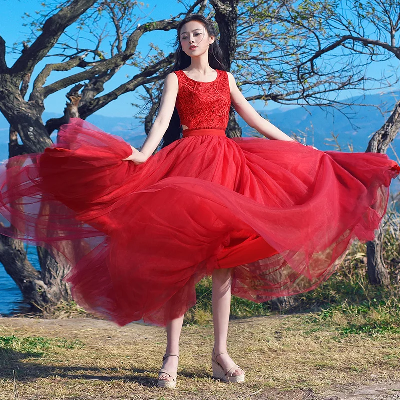 

Spring Autumn Original Design Women Cute Embroidery Sleeveless Red Dresses