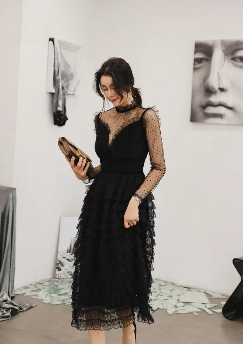 Весеннее дизайнерское платье для подиума, женское сексуальное элегантное гофрированное платье с длинным рукавом в черный горошек, Сетчатое плиссированное платье миди, вечерние платья