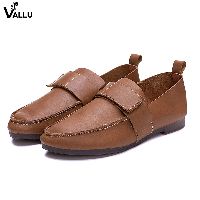 

2018 VALLU Autumn Women Moccasin Shoes Handmade Vintage Comfortable Soft Genuine Leather Ladies Loafers