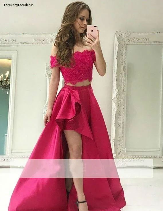 Sexy Two Pieces A Line Prom Dresses 2019 Hi-Lo Off the Shoulder Lace Crop Top Evening Gowns BC0054  119 (1)
