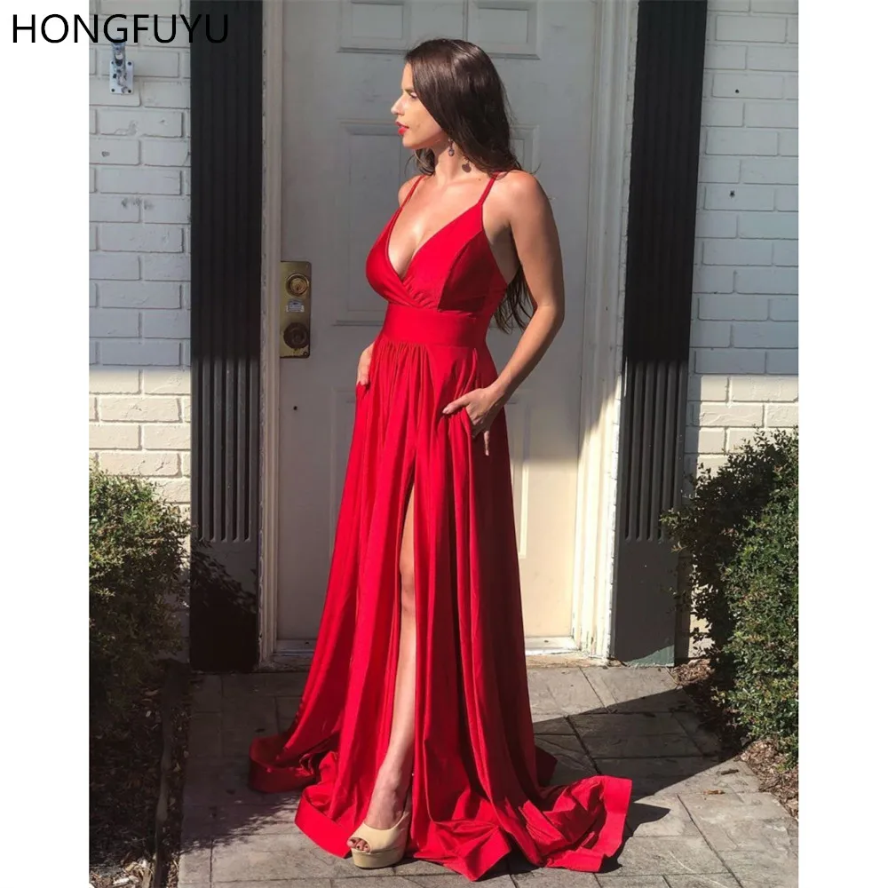 

HONGFUYU Satin Prom Formal Dress A-line Sexy Deep V Neck Long Evening Dresses Women Party Gowns with Slit Pockets Robe Longue