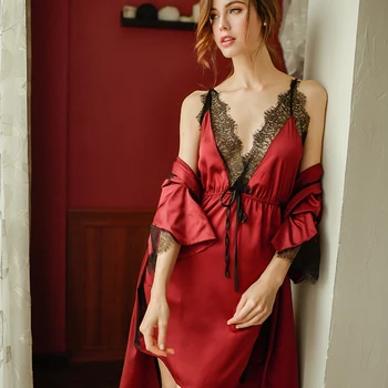 

New ice silk pajamas autumn home service solid color comfortable deep V sexy female fashion nightgown nightdress set