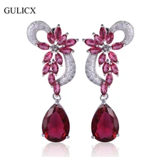 GULICX Luxury Flower Shaped White Gold-color Dangle Drop Earring for Women Teardrop Red Crystal CZ Long Wedding Jewelry AE04