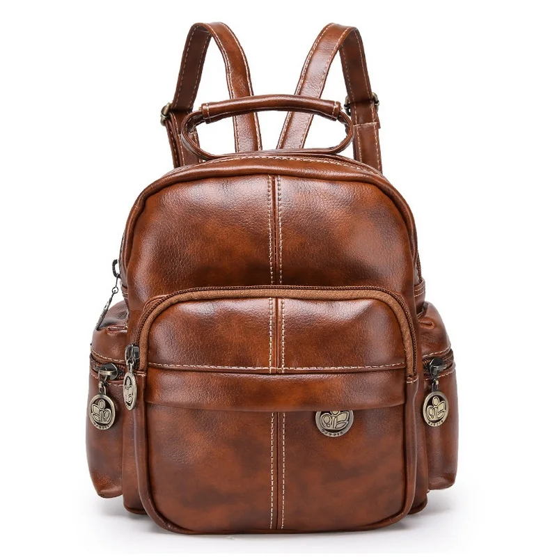 Retro Oil Wax PU Leather Women School Bags British Vintage Travel