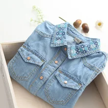 Новинка года, джинсовые хлопковые блузки для маленьких девочек Вышивка Джинсовая блузка с цветочным рисунком для девочек детские джинсовые рубашки с длинными рукавами