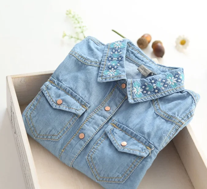 

2017 New Arrival Baby Girls Denim Cotton Blouses Girls Flower-embroidery Denim Blouse Kids Long Sleeve Denim Shirts