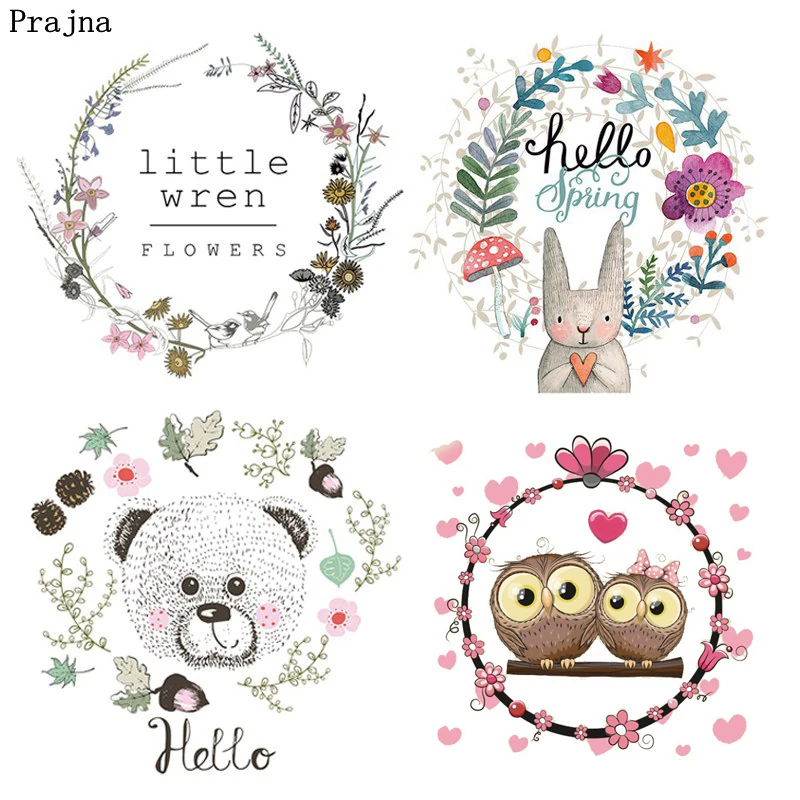 

Prajna Cartoon Iron Patches For Clothing Baby Owl Rabbits Transfers Flower Patch Heat Transfer For Summer T-shirt Dress DIY Viny