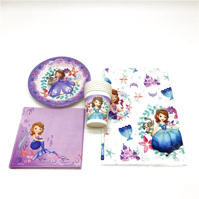 

35Pcs Disney Sofia The First Disposble Tablecloth Napkin Girl Birthday Party Cups Plates Tissue Tableware Set Decoration Supply