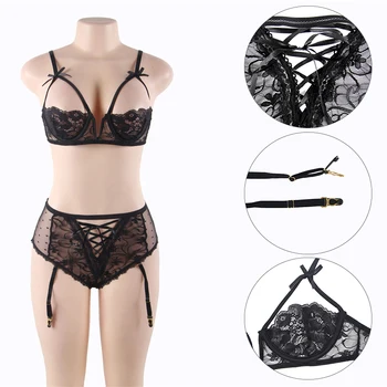 Open Bra Lace Sexy Lingerie Set Black Red Transparent Woman Sexy Set Erotic Bra+Garterbelt+High Waist Panty Sexy Costumes R80646 4