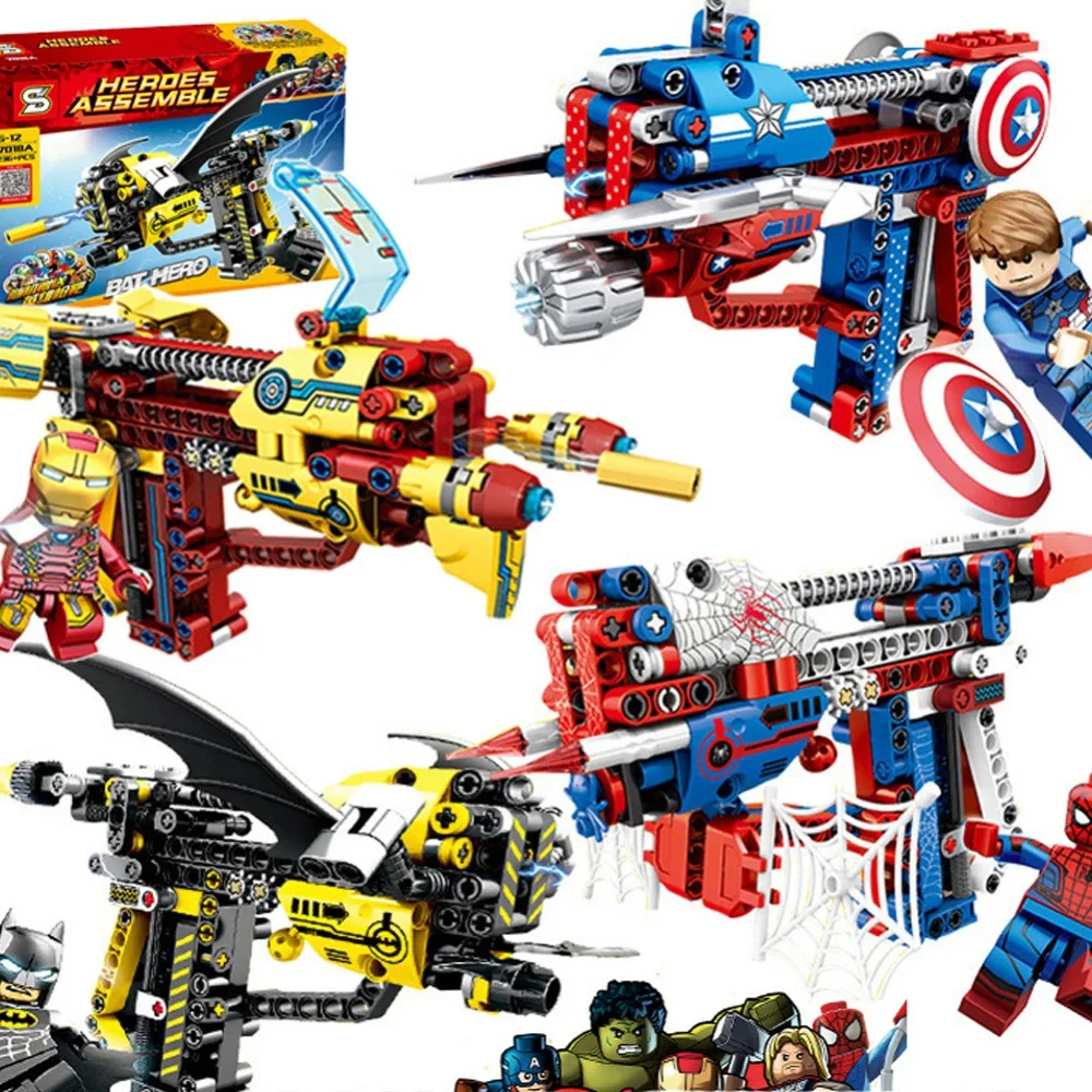 

4 colors Legoing Avengers super hero Marvel Building blocks gun Emittable Ironman Spiderman Batman Captain America DIY toys gift