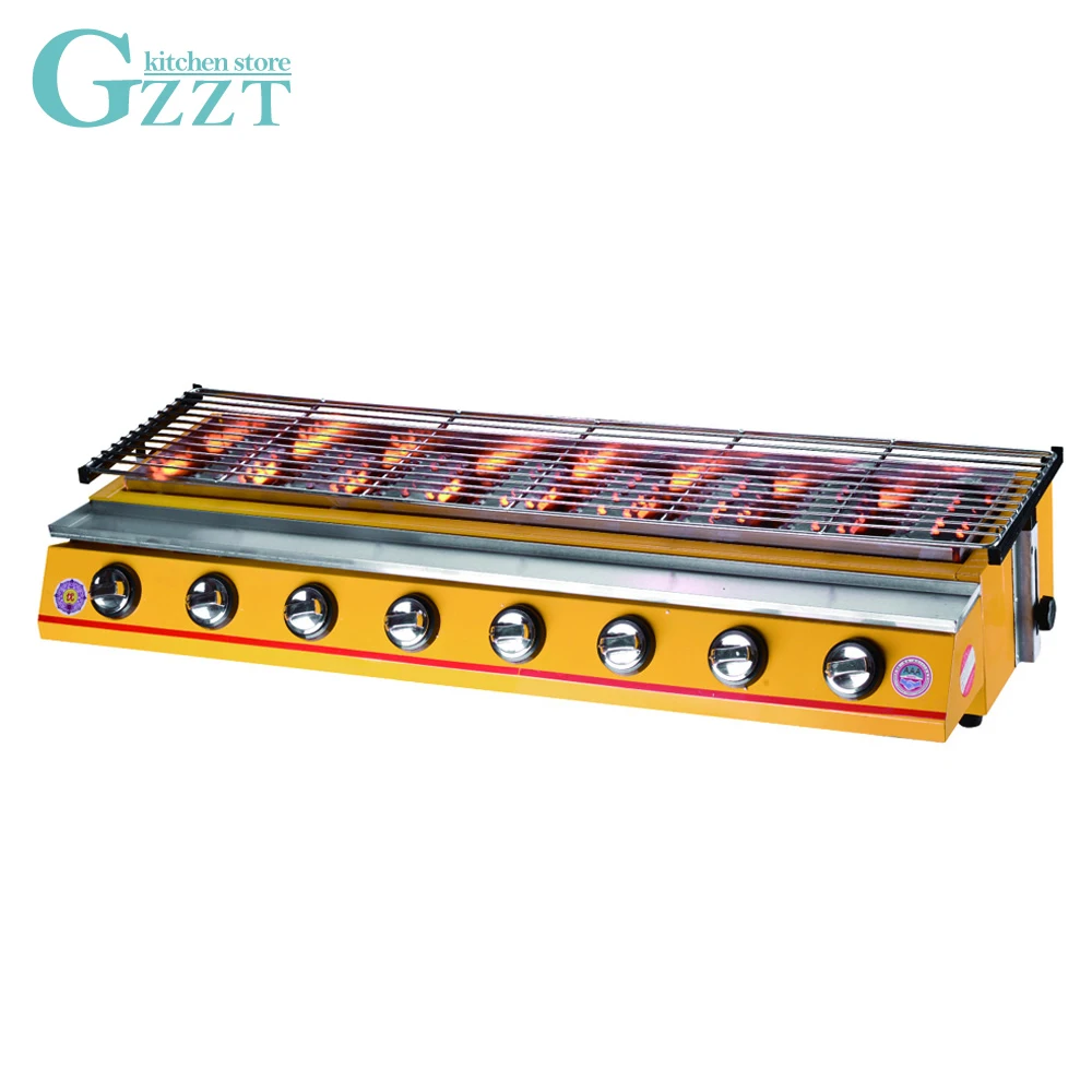 8 Burners Gas BBQ Grill Commercial Stainless Steel LPG Yellow/Silver Adjustable Height Smokeless Barbecue Pinic Baking BBQ Grill