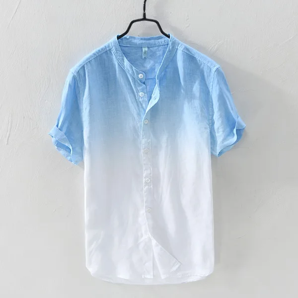 Suehaiwe бренд с коротким рукавом Градиент льняная рубашка Мужская Повседневная мода стоять воротник льняная рубашка Мужская Удобная сорочка camisa - Цвет: sky blue