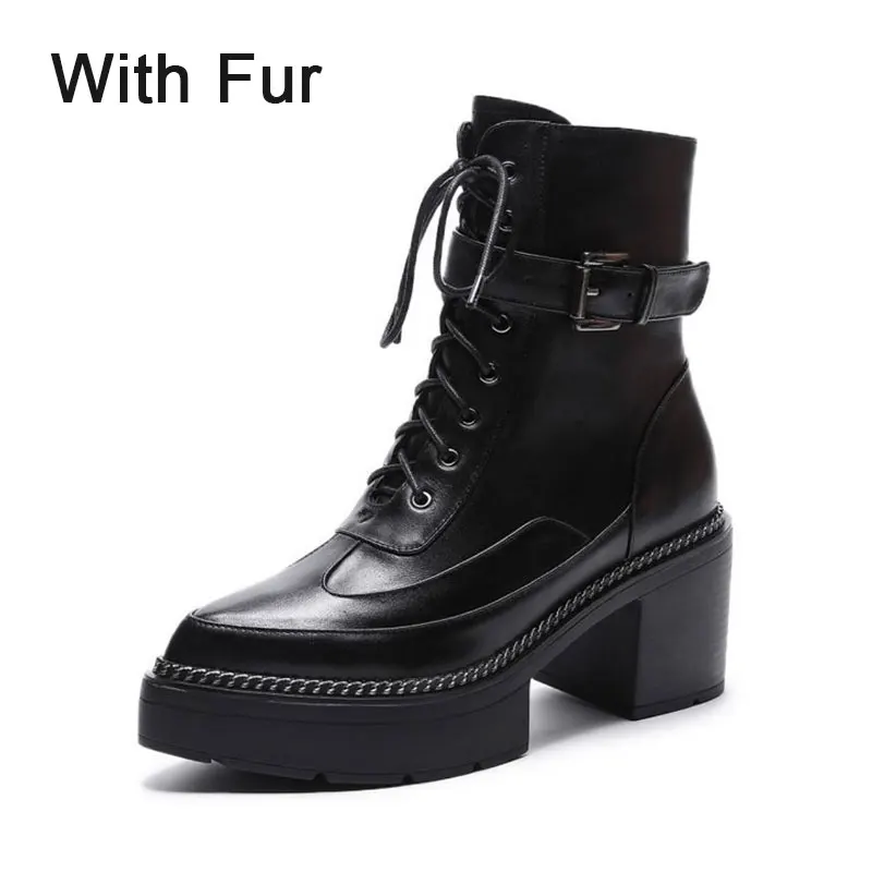FITWEE/ г. Высококачественные сапоги до середины икры из натуральной кожи на высоком каблуке офисная обувь на платформе с круглым носком женская обувь, размер 34-43 - Цвет: black with fur