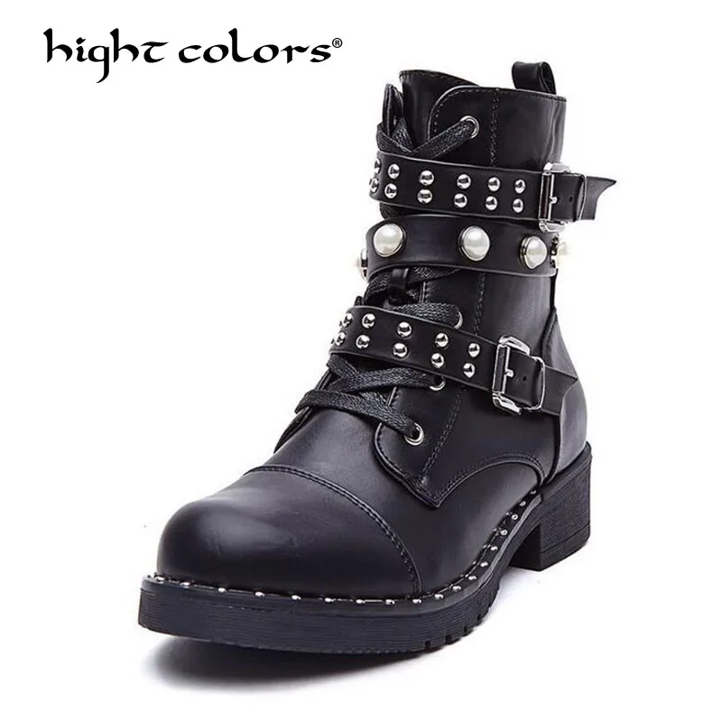 

Rivets Faux Leather Booties Buckle Straps Thick Heel Black Ankle Women Boots Studded Decorated Woman Boots Motorcycle XZ002