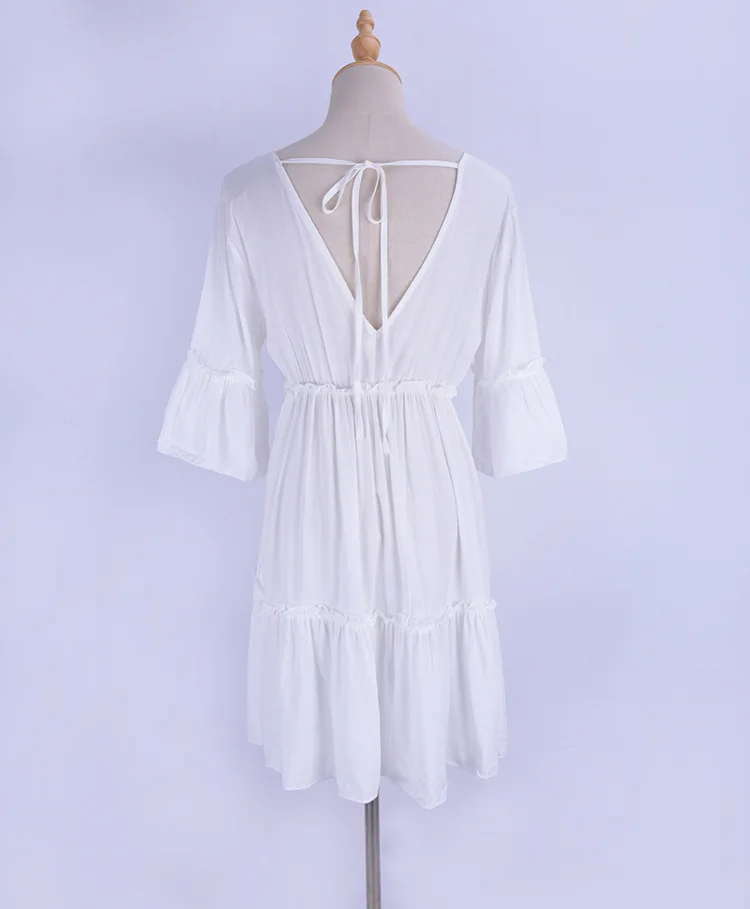 Deep V neck Beach Cover up Sarong White Cotton Beach Dress Tunic Bikini cover up Kaftan Beach Swimsuit cover up Saida de Praia-3