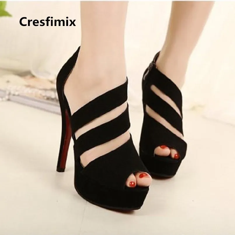 

women cute comfortable spring & summer holed breathable high heel sandal shoes lady cool black peep toe high heels e2837