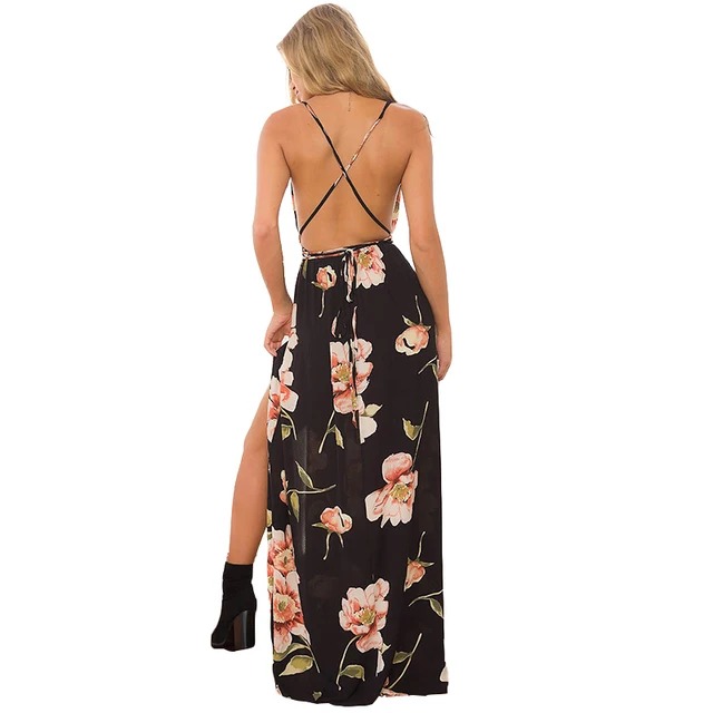 BONGOR LUSS Summer Maxi Dress Women Floral Print Dress V-Neck Sleeveless Spaghetti Strap Backless Side Split Sexy Long Dress 1