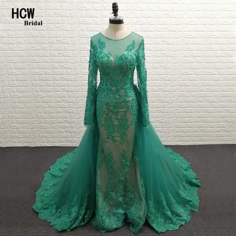 

Green Mermaid Long Sleeve Prom Dresses Detachable Train Beaded Lace Floor Length Elegant Formal Dress 2019 Arabic Prom Gown Long