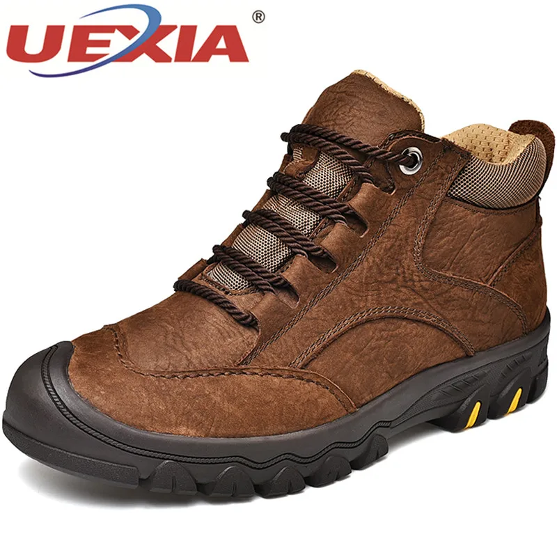 

UEXIA Men Boots Ankle Boots Fashion Men's Male Brand Leather Quality Lace Up Motorcycle Man Rubber Bottom Comfortable Outdoor