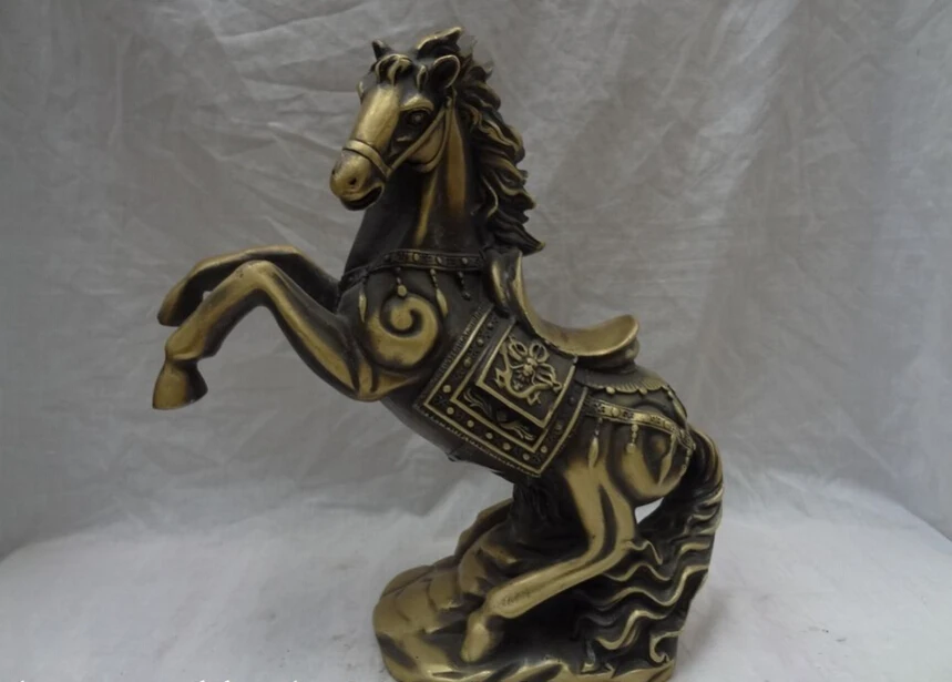 

S2880 12" Folk Chinese Bronze Year Zodiac Animals Dragon Head Up Jump Horse Statue D0318