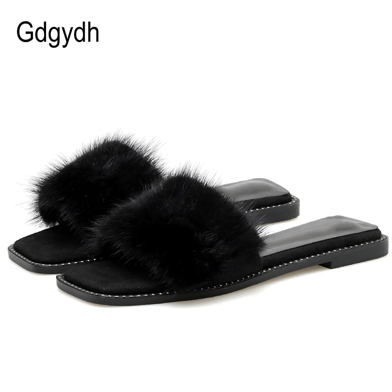 

Gdgydh Open Toe Real Fur Flat Slippers Luxury Designer Women Indoor Shoes Summer For Girls Black Slip On Rubber High Quality