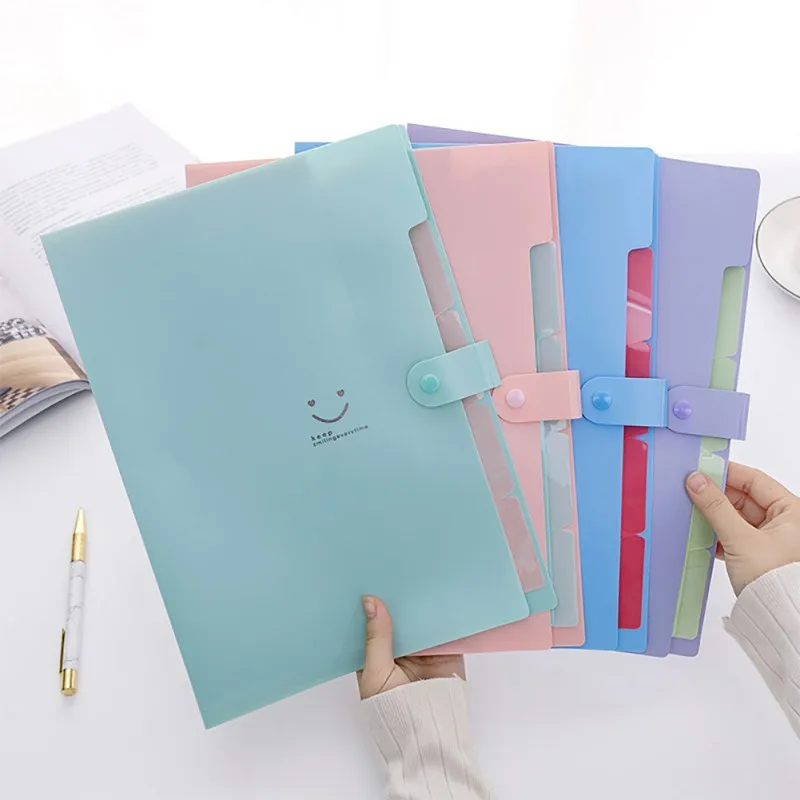 

Student multi-layer folder smile face A4 organ bag File bag insert information book paper clip 5 grid blue purple pink green