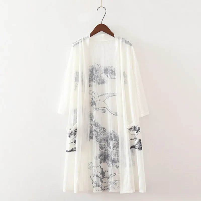 

2018 Spring Women ink floral print long kimono shirt ladies loose Linen blouse Casual 3/4 sleeve blusas tops Z147