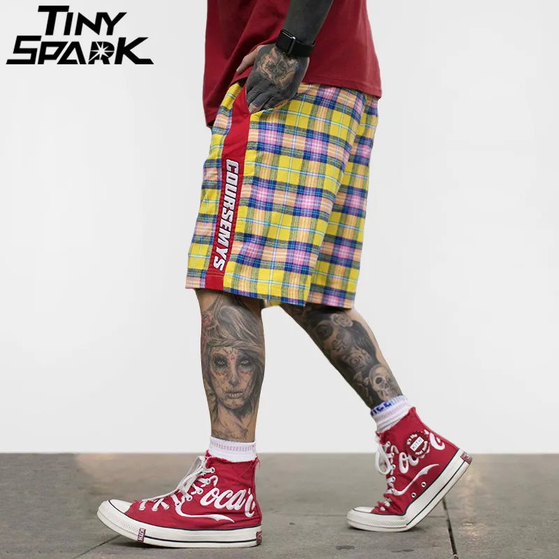 Buy Hip Hop Baggy Short Colorful Plaid Patchwork Mens