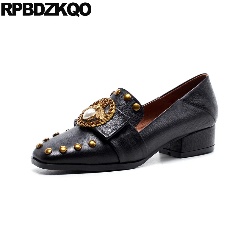 

Black Brand Bee Loafers Genuine Leather Stud Slippers Brown Mules Low Heel Metal Square Toe Designer Shoes Women Luxury 2018