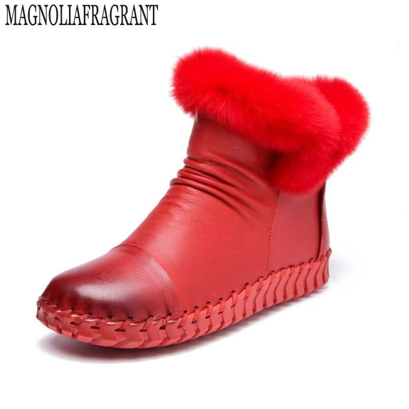 Achat Chaussures Femmes Bottes Solide Fait Main en cuir véritable Femmes Neige Bottes Bout Rond Plat avec fourrure de lapin D hiver Bottines k237