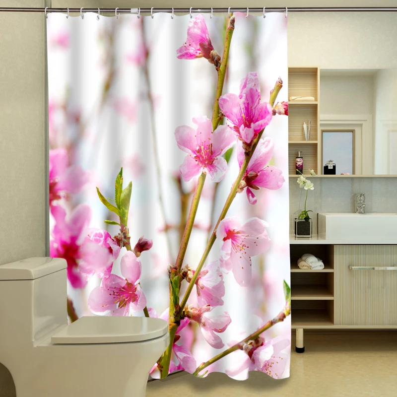 New 3D Shower Curtains Pink Peach Blossom Pattern Waterproof Fabric