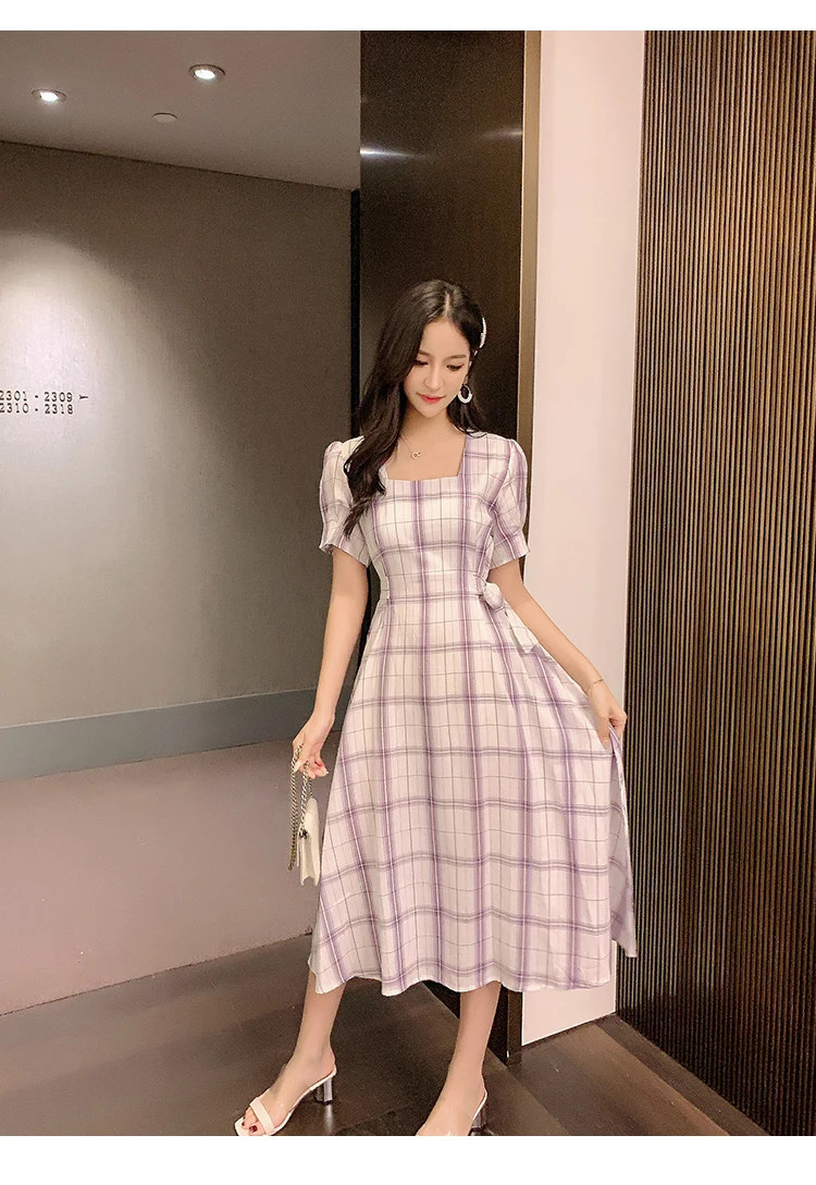 New French retro square collar plaid short sleeved ribbon dress summer waist woman A word big dress dress belt various methods