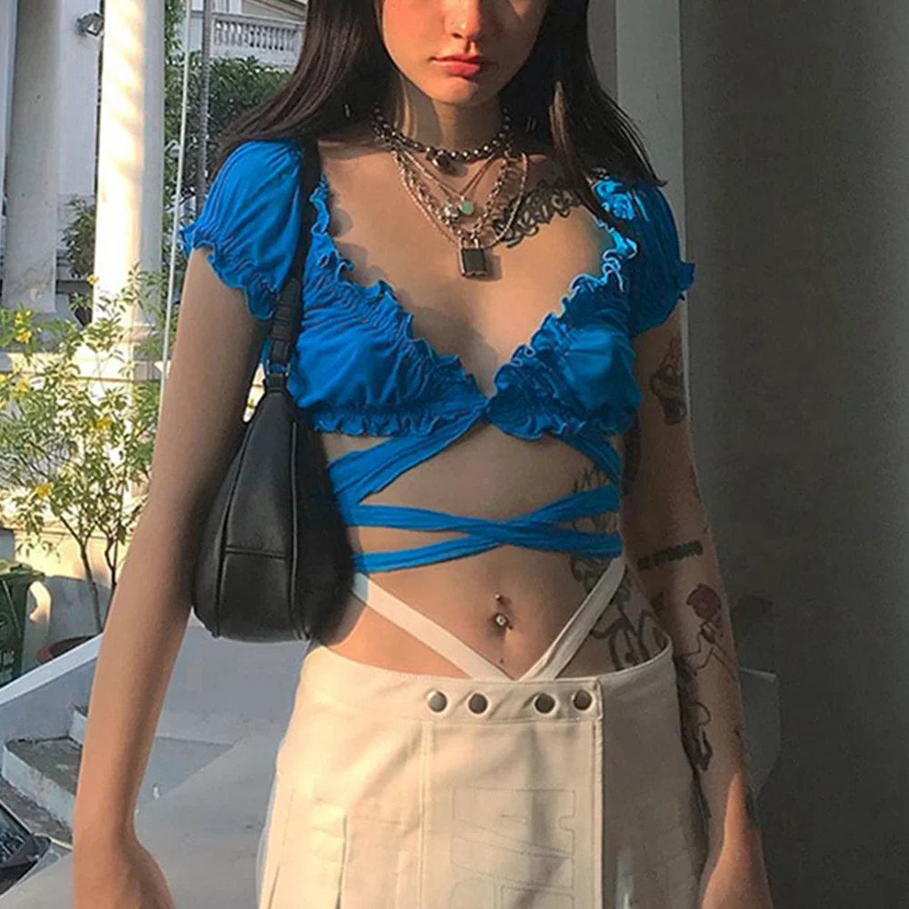 Summer T Shirt Women Sexy Short Sleeve Lace Ruffle Top Deep V-neck Blouse Women Party Casual  Mini Night&Club Blouse
