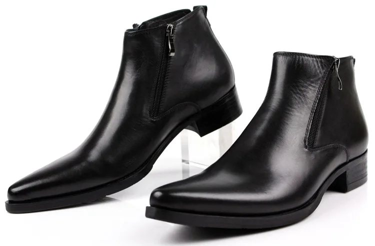 Модные черные/коричневые/синие мужские Ботильоны; модельные туфли из натуральной кожи с острым носком; Мужская обувь в деловом стиле; большие размеры EUR46 - Цвет: Black