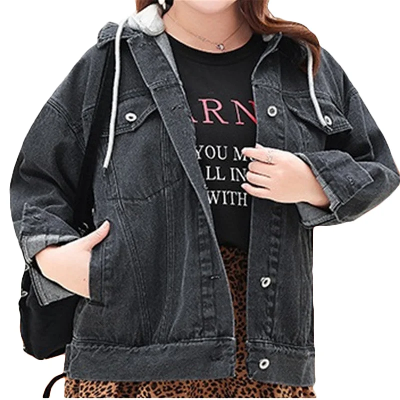 

Korean Women Casual Denim Jacket Spring New Plus size Women's Hooded Basis Jackets Coat Women's Black Overalls Jeans Coats F367
