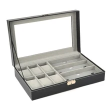 Из искусственной кожи 6 сетки 3 Солнцезащитные очки Часы Дисплей Коробка Чехол Органайзер для хранения черный ювелирные изделия Dispay часы коробка