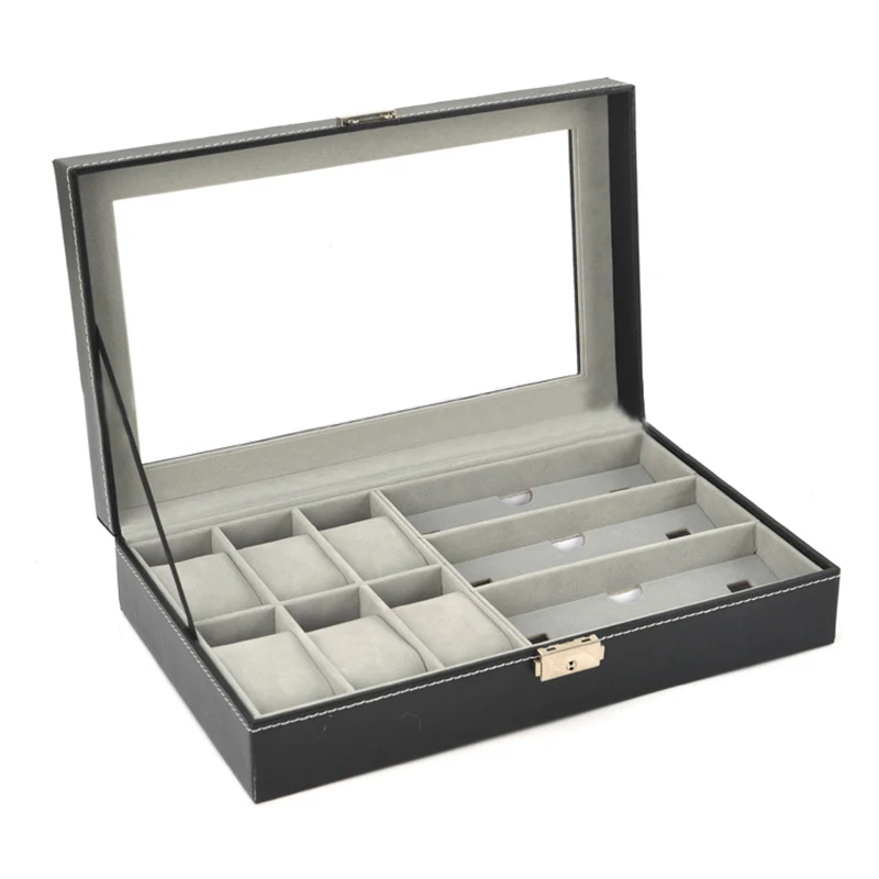 

PU Leather 6 Grid 3 Sunglass Watch Display Box Case Storage Organizer Black Jewelry Dispay Watch Box