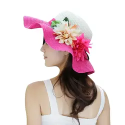 Для женщин летние плетеная, из соломы Солнца пляжная шляпа с полями Цвет блок большие искусственные цветы шифон ленты Кепка с покрывалом