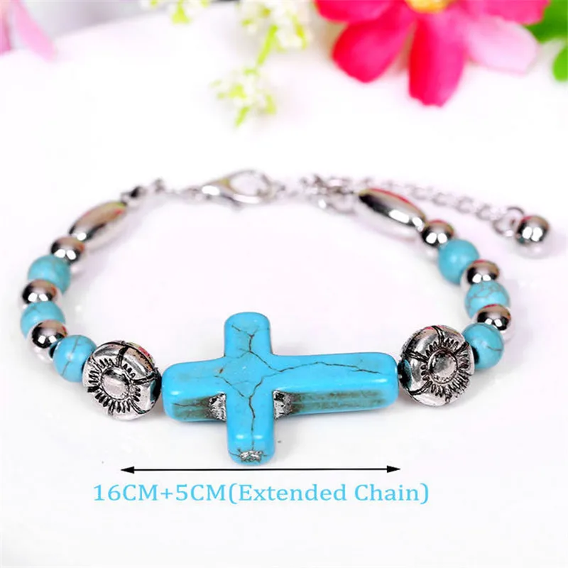 

Fashion Women Cross Blue Stone Bracelets Vintage Metal Beads Chain Men Bracelet Bracelete Feminino Boheme Jewelry Love Gift