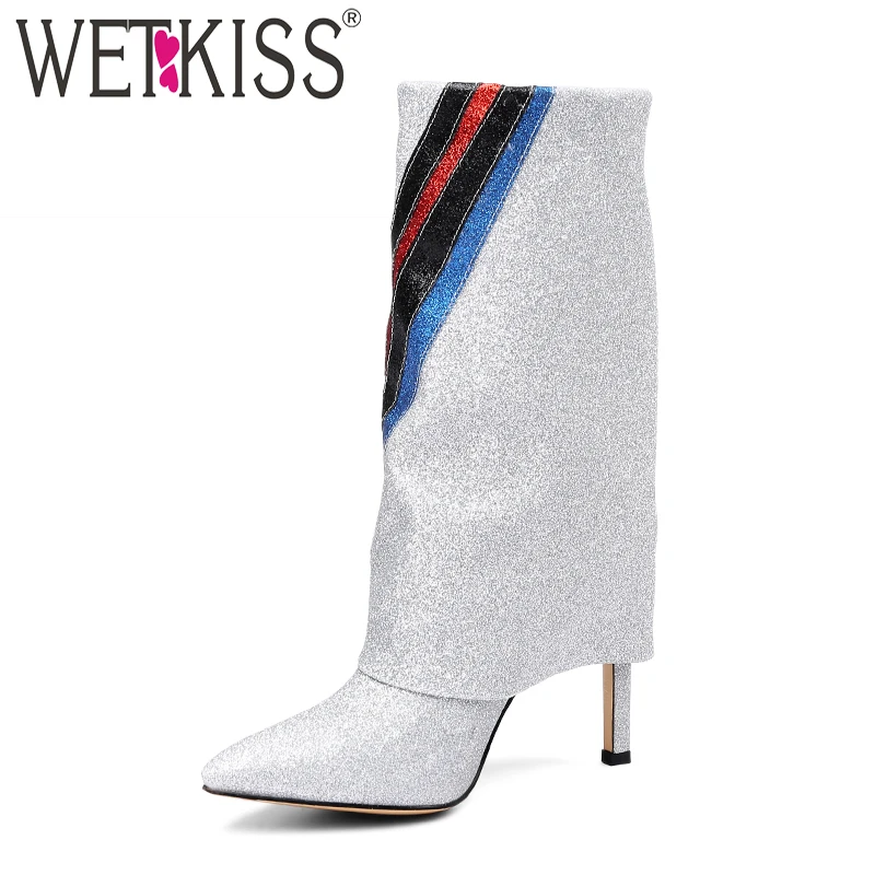Hauts Tissu 2018 Bout Hiver Bling Chaussures Femme argent Bottes Femmes Mi Talons Silver mollet Wetkiss Glitter Boot Sequinted Pointu 5A3L4Rj