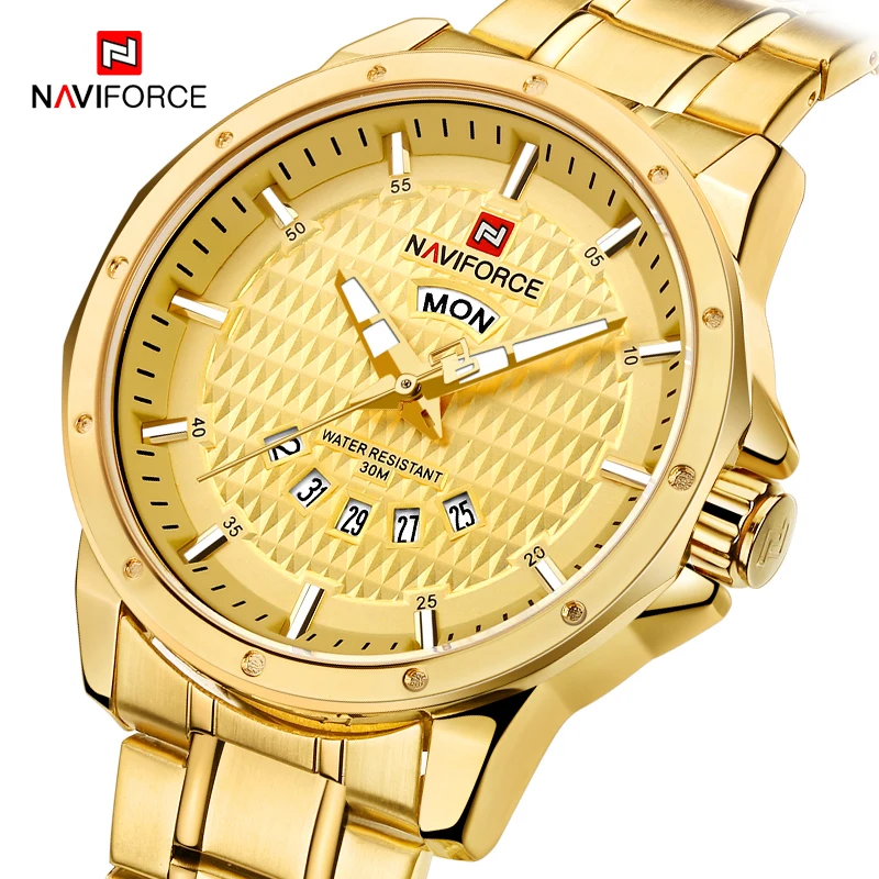 

NAVIFORCE Mens Luxury Brand Gold Watches Men Date Week Clock Man Waterproof Fashion Sports Stainless Steel Quartz Wristwatch+box