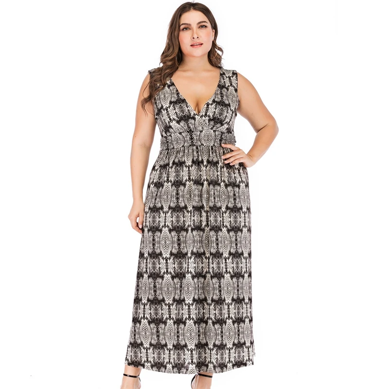 

New Fashion women sexy Low collar V-Neck sleeveless Ankle-length Snake print casual plus size Beach dress 5XL