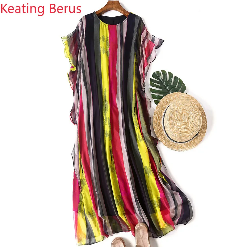 2019 Fashion Women's Long Dress 100% Silk Striped Round Neck Temperament Dress Party Dress Women's Clothing Dress Women 1244