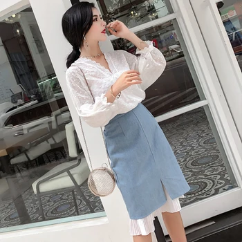 

2019 Chic Lace Chiffon Patchwork V Neck Brief Two Piece Set Slim Zip Sexy Pocket Open Side Split Denim Skirt 2 Piece Set Women